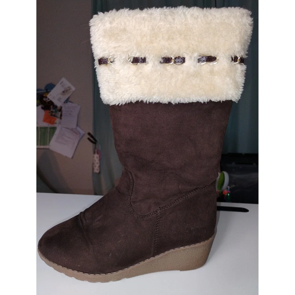 Girls Brown Faux Suede Fur Trimmed Winter Snow Boots Wedge Heel‎ Kids Size